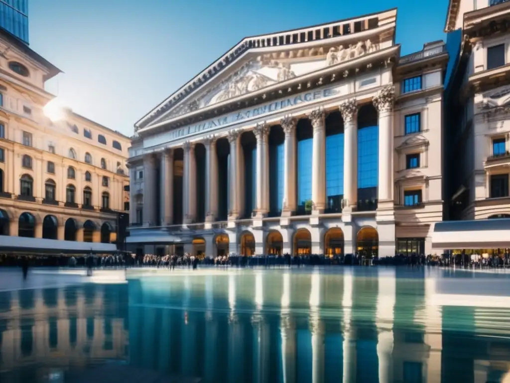 Bolsa de Milán: arquitectura moderna y ambiente financiero vibrante Inversiones en Bolsa de Milán: Imagen 8k deslumbrante captura esencia vibrante de la bolsa de valores, con arquitectura moderna, profesionales y Duomo di Milano en fondo