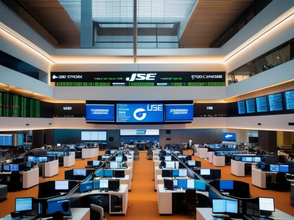 Intenso mercado bursátil en JSE Inversiones en la Bolsa de Johannesburgo: Escena vibrante y sofisticada de la JSE, con traders y arquitectura futurista