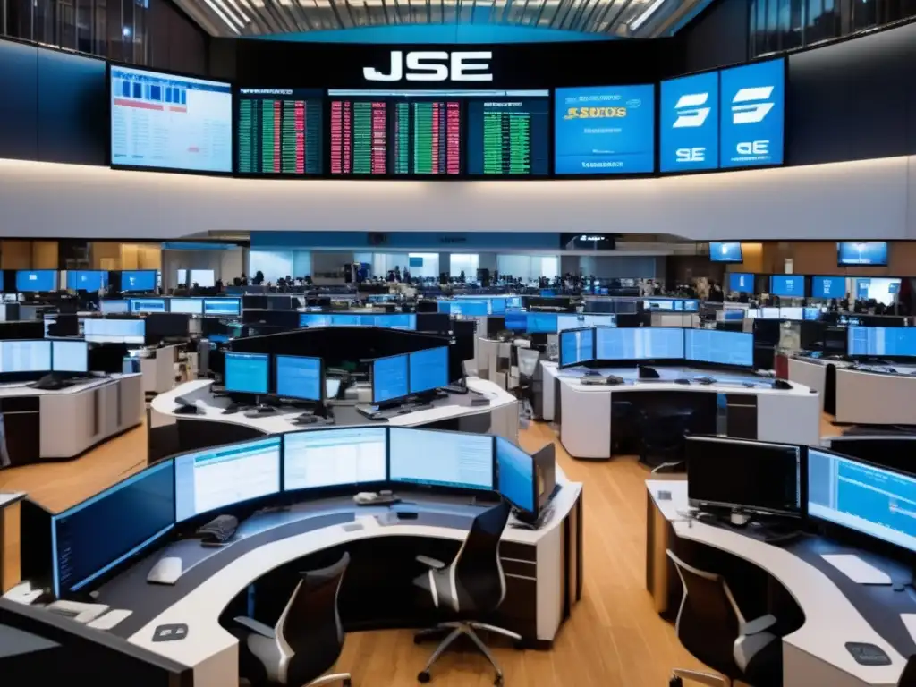 Traders en la bolsa de Johannesburgo Inversiones en la Bolsa de Johannesburgo: Trading floor con traders, pantallas de datos y arquitectura moderna reflejando la ciudad