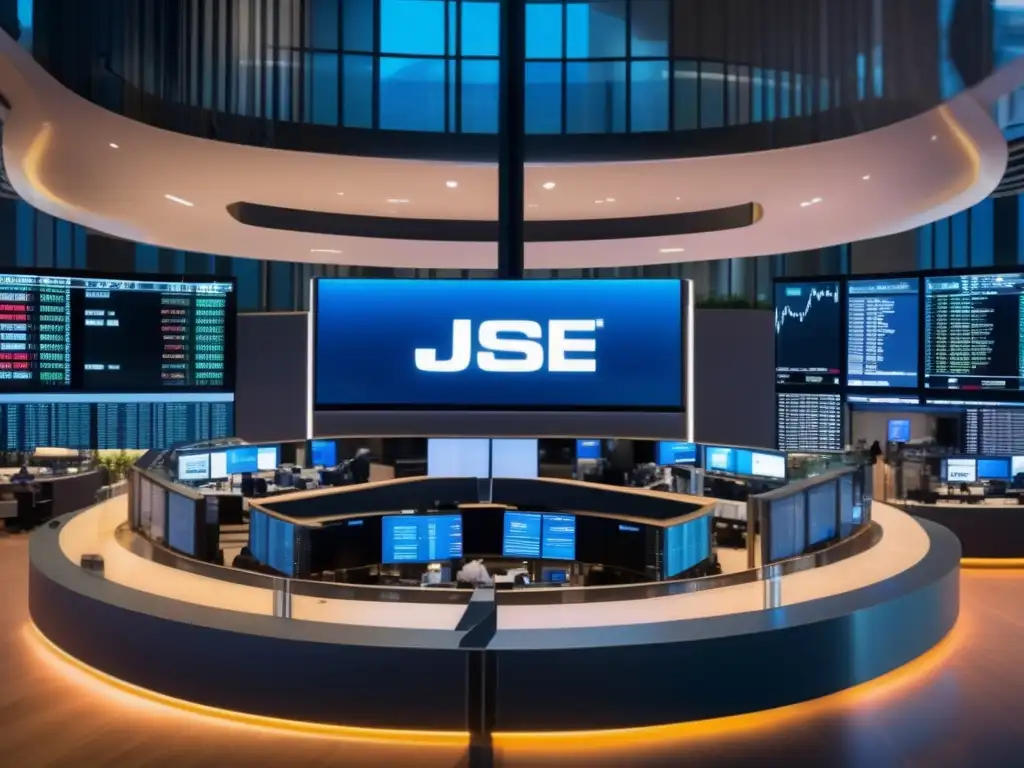 Traders en el piso de la Bolsa de Johannesburgo Inversiones en la Bolsa de Johannesburgo: vibrante escena de traders en la moderna bolsa, con vista panorámica de la ciudad