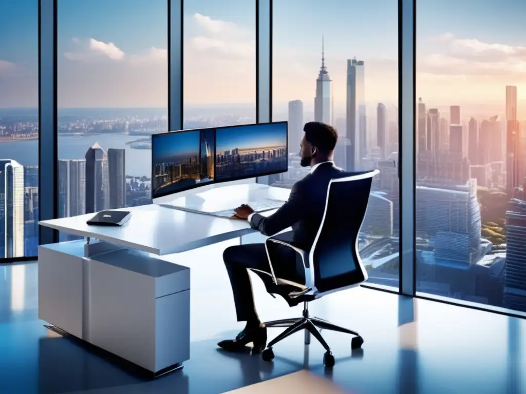 Oficina moderna con vista panorámica Inversiones en la Bolsa de México: Oficina moderna con vista panorámica, muebles contemporáneos y persona analizando gráficos en monitor Ultra HD