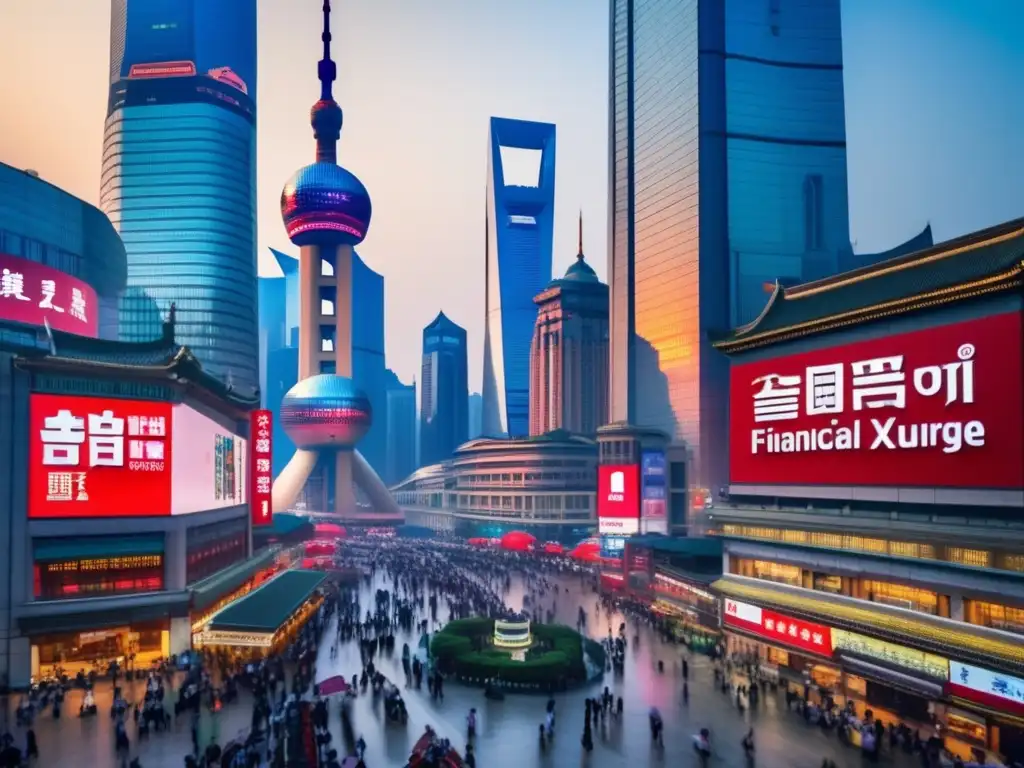 Vibrante escena financiera en Shanghai Inversiones en la Bolsa de Shanghái: escena vibrante de la emblemática zona financiera con rascacielos, traders y actividad