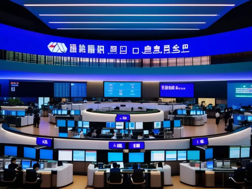 Intenso trading en la Bolsa de Shanghai Inversiones en la Bolsa de Shanghái: Escena vibrante de la bolsa, traders realizando transacciones en un espacio moderno y luminoso