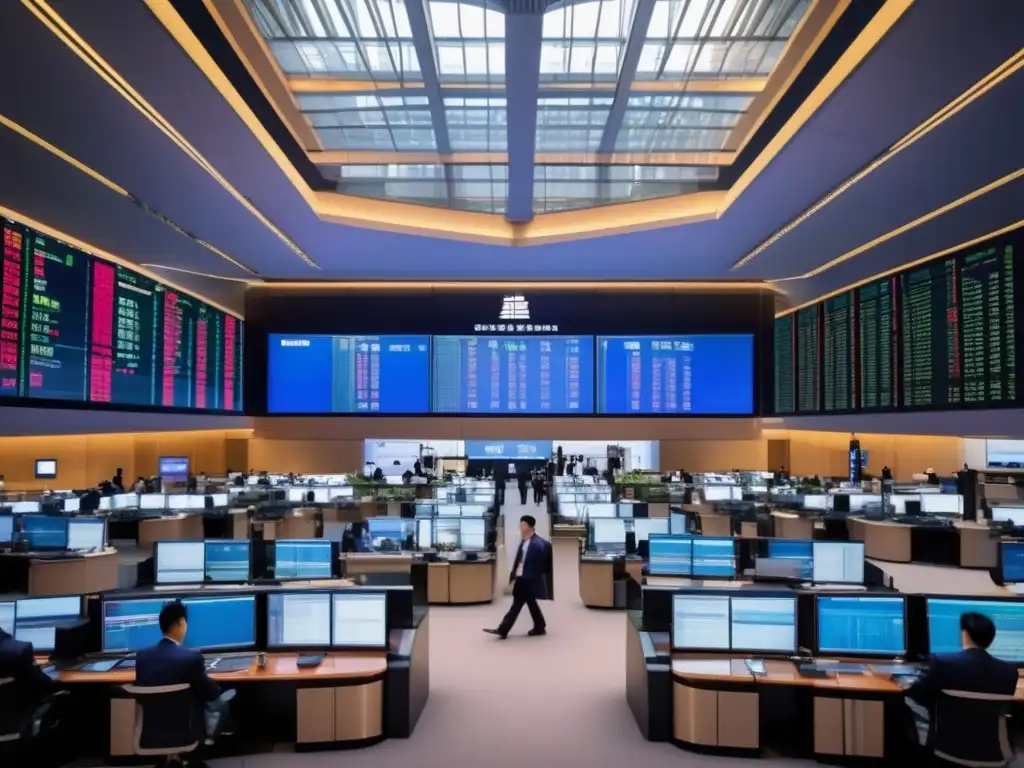 Bolsa de Shanghai: Traders y arquitectura moderna Inversiones en la Bolsa de Shanghái: Escena cautivadora de la moderna sala de operaciones, con traders enfocados y pantallas de datos en tiempo real