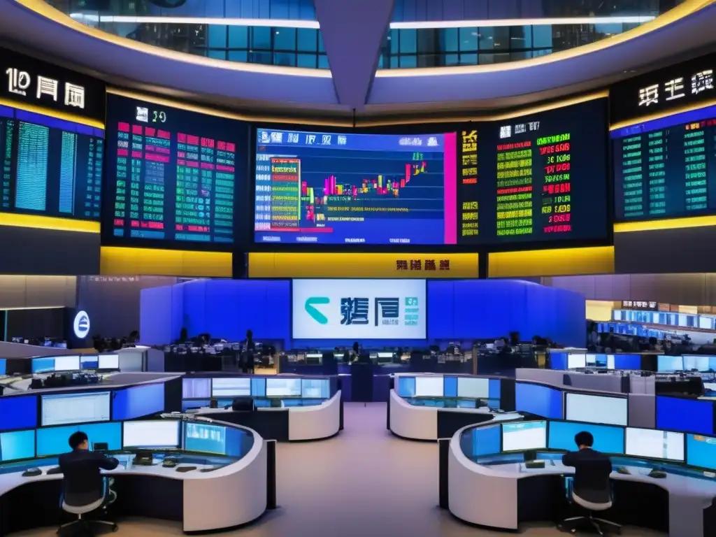 Piso de operaciones de la Bolsa de Shanghai Inversiones en la Bolsa de Shanghái: Intenso y futurista trading floor con vibrante atmósfera de negocios