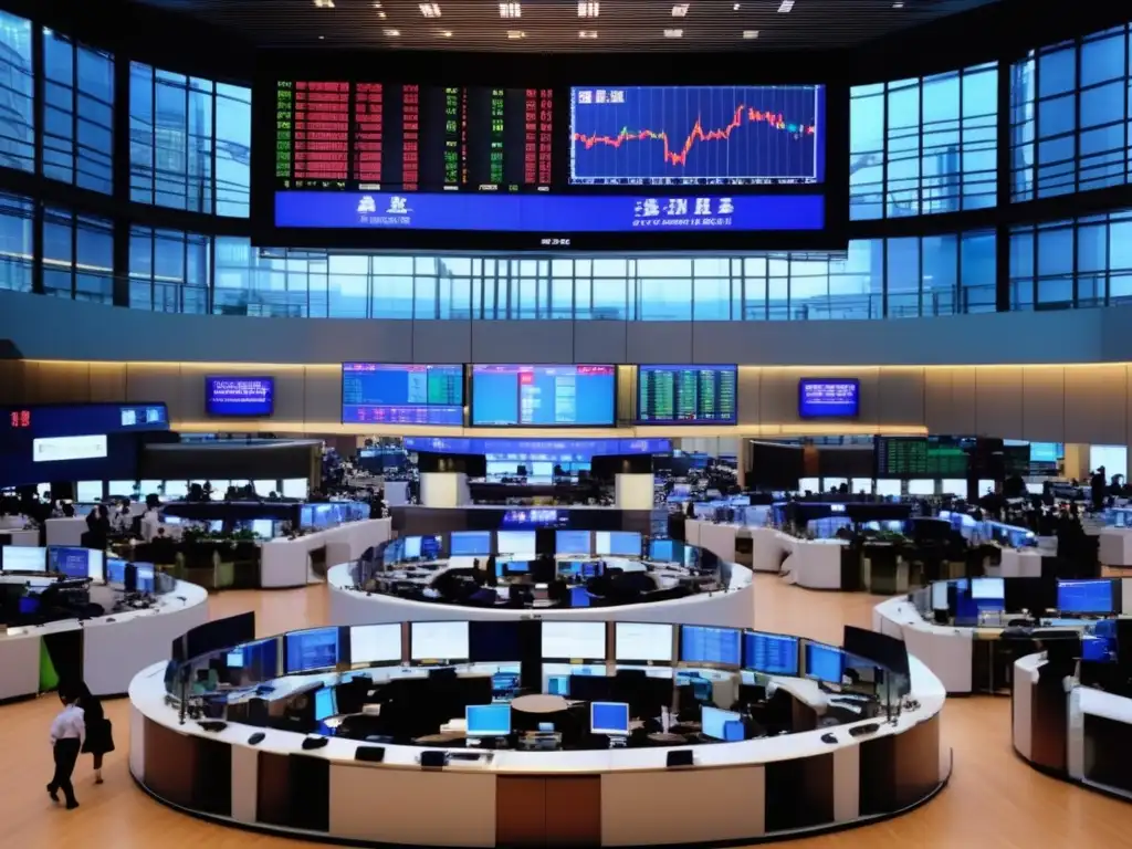 Trading floor de la Bolsa de Shanghai Inversiones en la Bolsa de Shanghái: Vista panorámica del bullicioso piso de operaciones de la Bolsa de Shanghái, con diseño moderno y elegante resaltado por ventanales de cristal que permiten la entrada de luz natural
