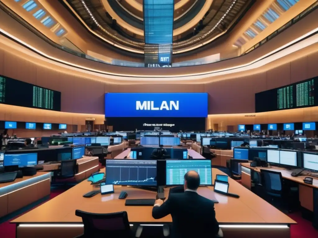 Trading floor de la bolsa de Milán Inversiones en Bolsa de Milán: Trading floor vibrante y sofisticado, lleno de traders en trajes elegantes y pantallas LED modernas