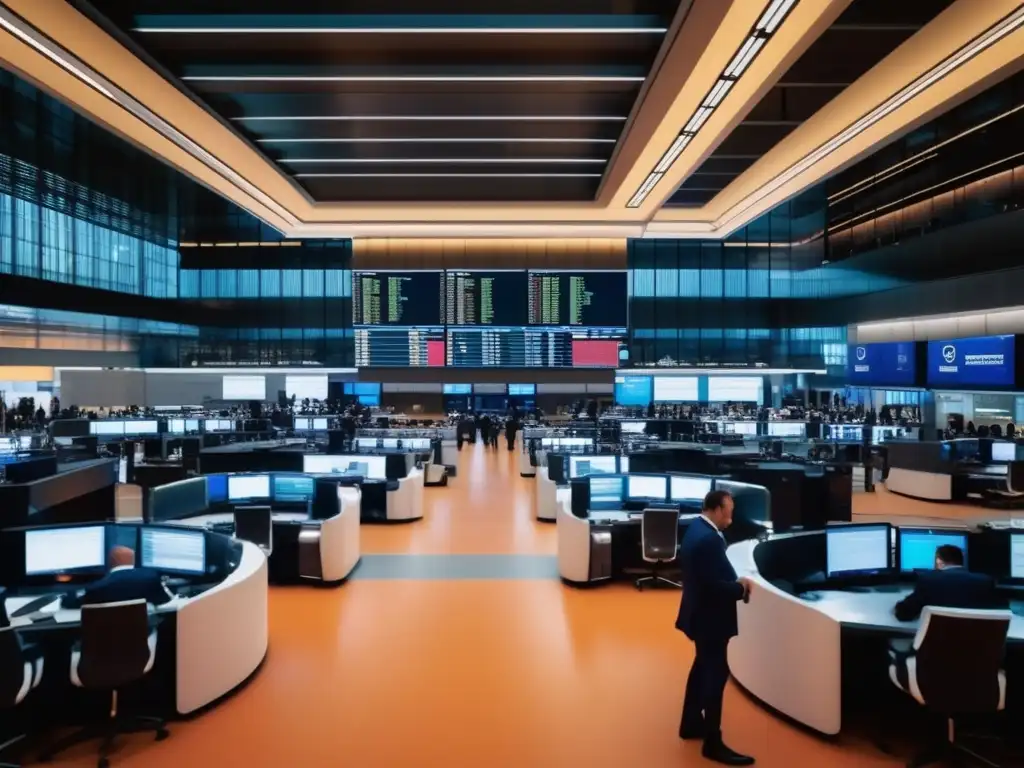 Interior vibrante de la Bolsa de Milán Inversiones en Bolsa de Milán: Vibrante trading floor en la Bolsa de Milán, con traders, pantallas electrónicas y energía
