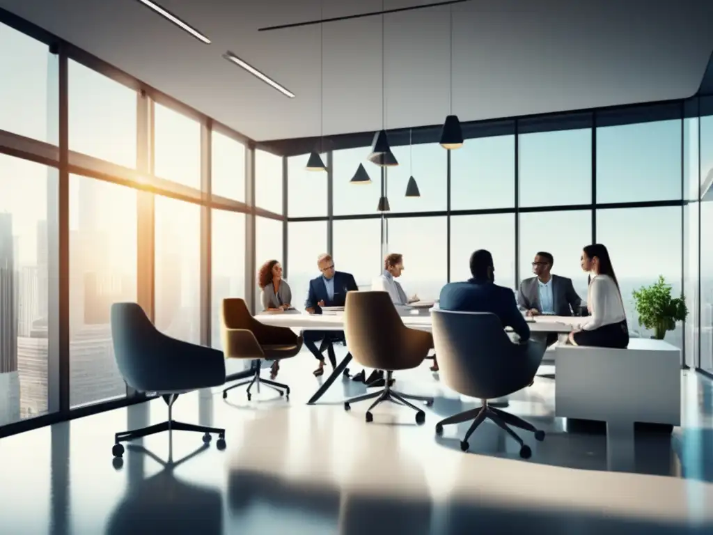 Espacio de oficina moderno y colaborativo Inversiones en capital de riesgo: Un espacio de oficina moderno con luz natural, muebles ergonómicos y profesionales en discusiones estratégicas