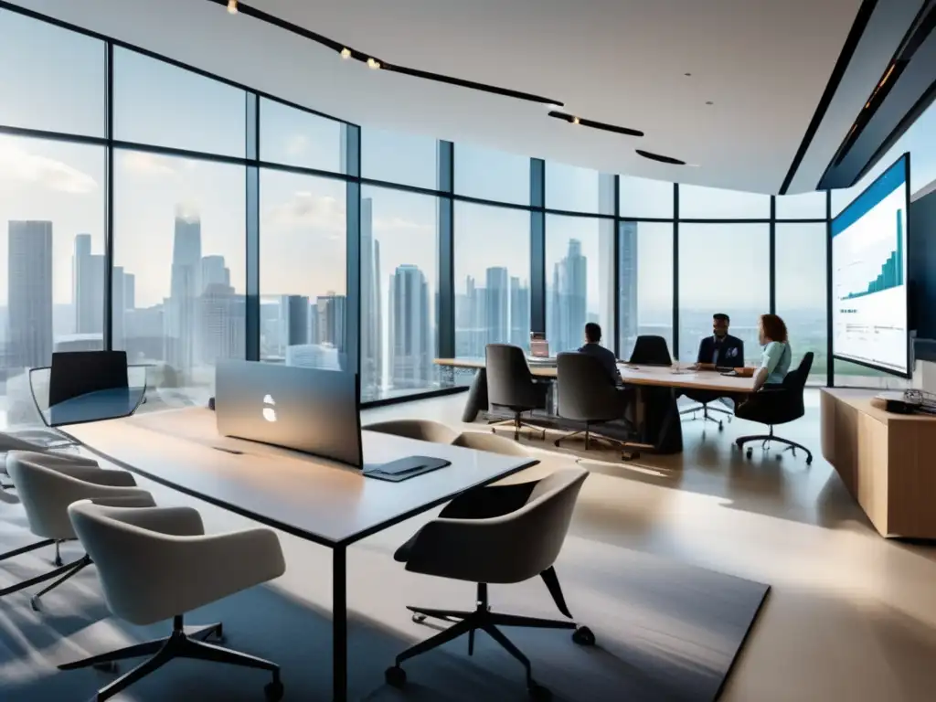 Espacio de oficina moderno con luz natural y profesionales discutiendo Inversiones en capital de riesgo: guía y estrategias en un ambiente innovador y profesional
