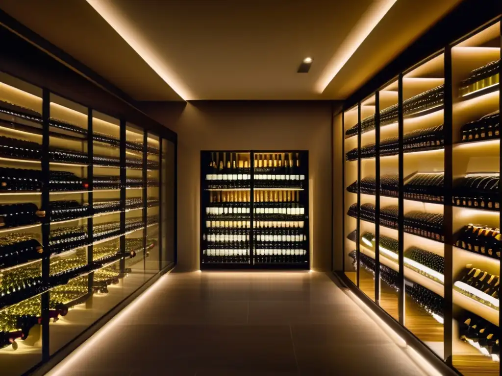 Elegante bodega de vinos Inversiones en Cava y Prosecco: Bodega moderna con botellas ordenadas y elegante iluminación