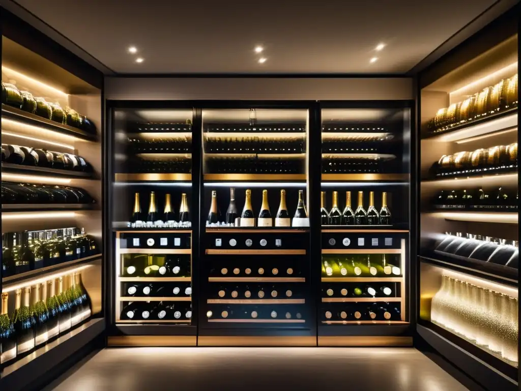 Elegancia y sofisticación en la bodega de vinos Inversiones en Cava y Prosecco: Bodega de vino con paredes de vidrio y estanterías llenas de botellas de Champagne, Cava y Prosecco