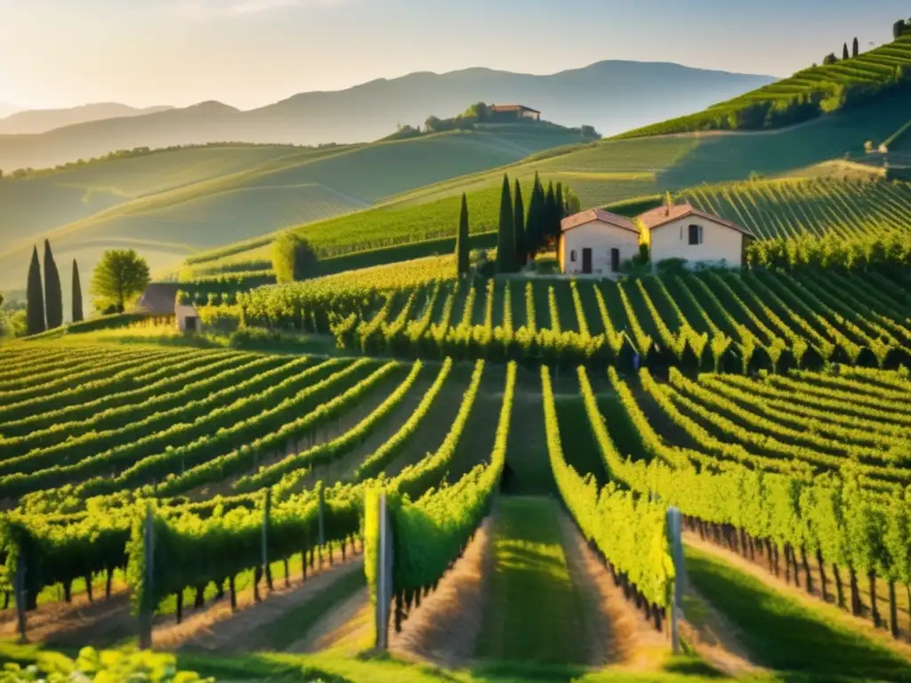 Viñedo en la región Prosecco, con trabajadores y paisaje pintoresco Inversiones en Cava y Prosecco: Hermosa imagen de viñedo en la región del Prosecco, con trabajadores atendiendo las vides y paisaje colorido