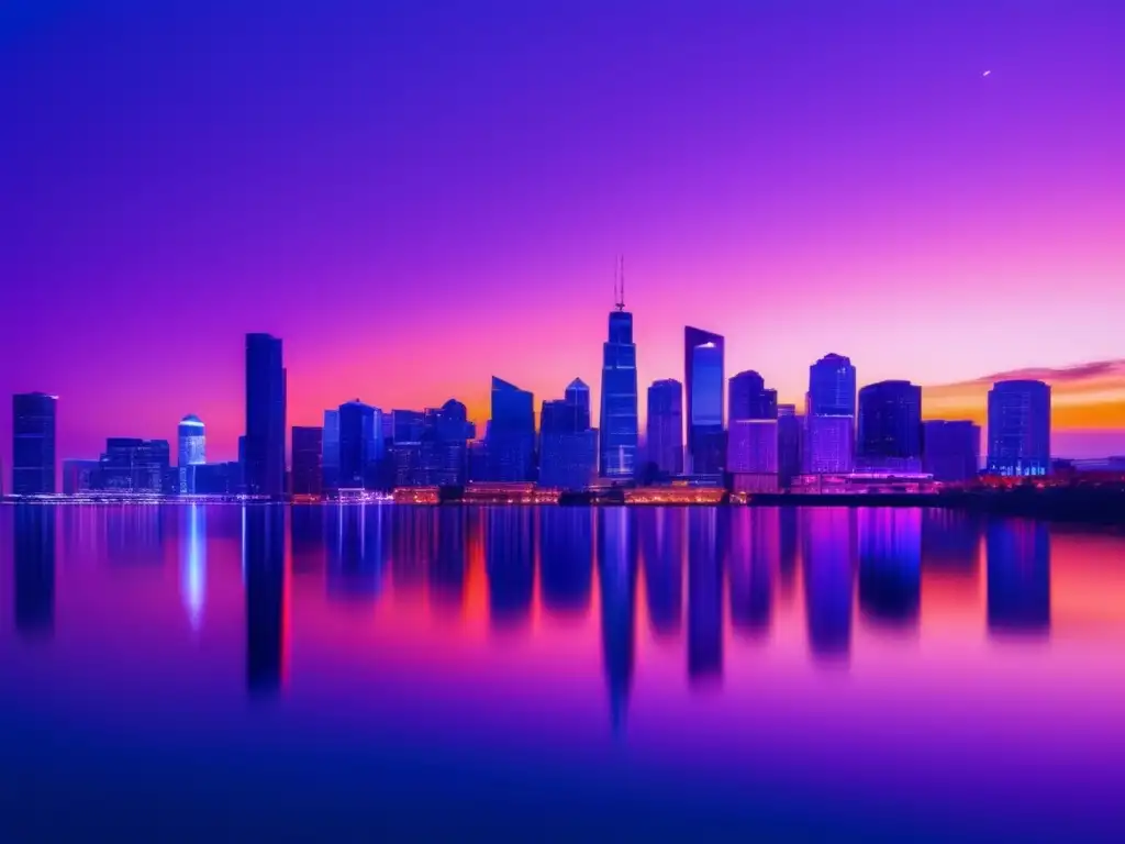Oportunidades de inversión en edificios comerciales Inversiones comerciales: Ciudad moderna al atardecer, rascacielos iluminados con luces vibrantes reflejándose en el río