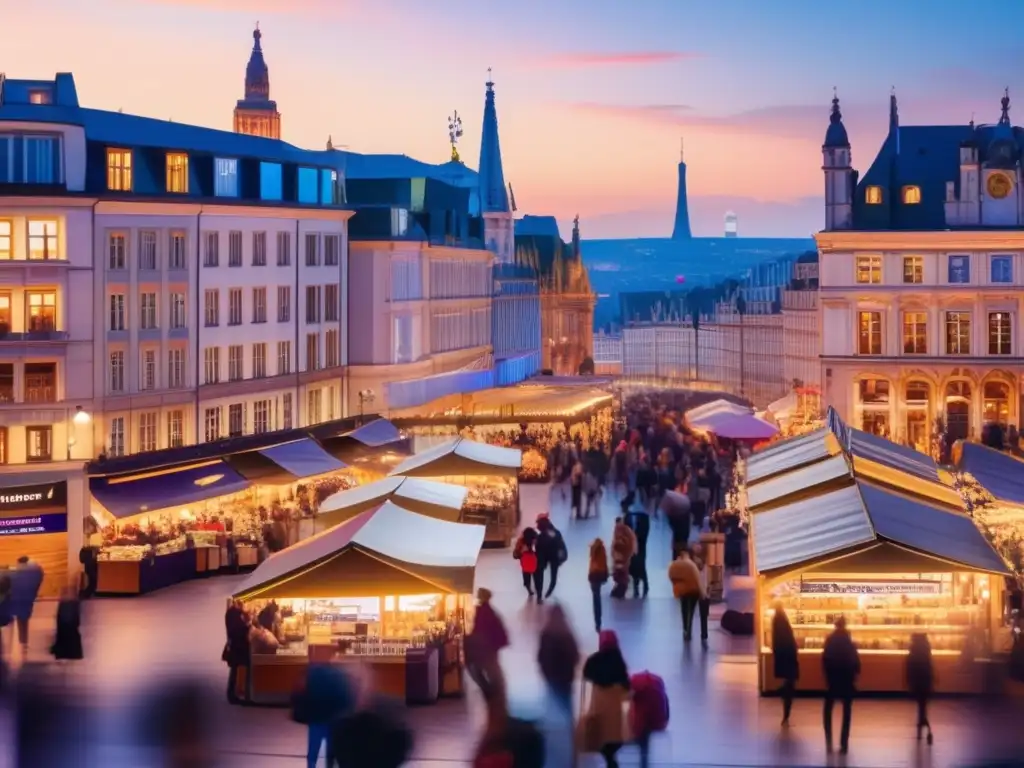 Ciudad europea vibrante en la noche Inversiones en comercio electrónico europeo: Vista impresionante de una ciudad europea con rascacielos, monumentos y mercado animado