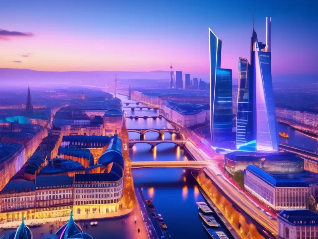 Ciudad europea en crecimiento a la caída del sol Inversiones en comercio electrónico europeo: ciudad europea de alta resolución con comercio electrónico vibrante y modernidad