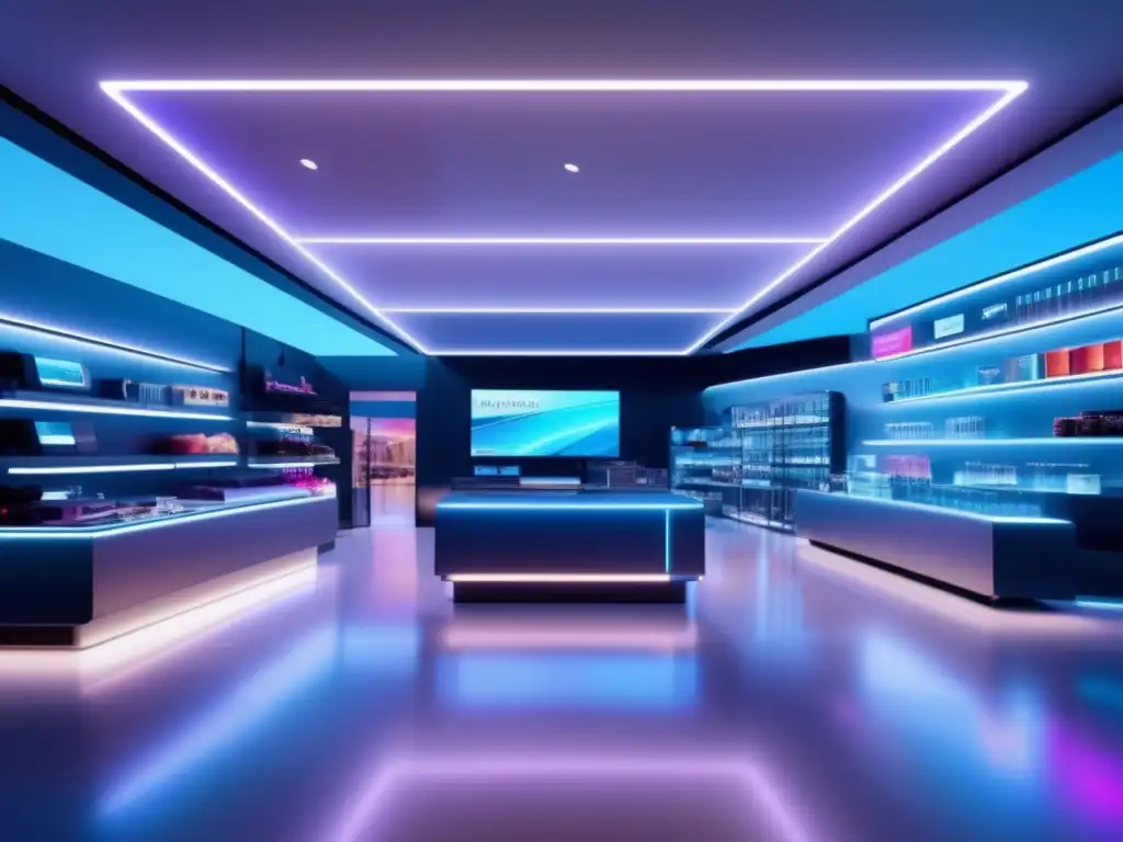 Tienda futurista llena de tecnología avanzada Inversiones en comercio electrónico retail: Tienda futurista 8K con tecnología avanzada y experiencia de compra innovadora