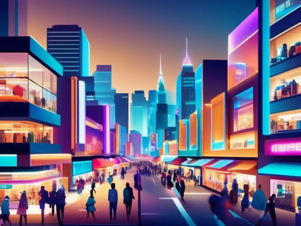 Ciudad nocturna con vibrante distrito comercial Inversiones en comercio electrónico retail en una ciudad nocturna con arquitectura futurista y tiendas iluminadas