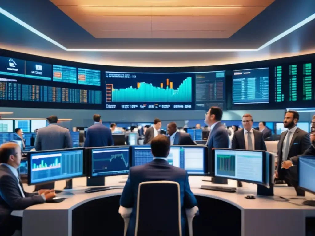 Mercado de valores enérgico y futurista Inversiones a corto plazo rentables: Traders en un piso de bolsa animado y tecnológico analizan gráficos y toman decisiones rápidas