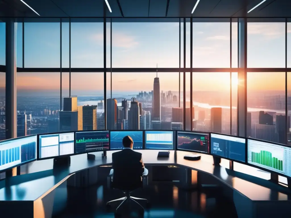 Piso de trading moderno con vista panorámica de la ciudad Inversiones a corto plazo rentables en moderna sala de trading con vista panorámica de la ciudad