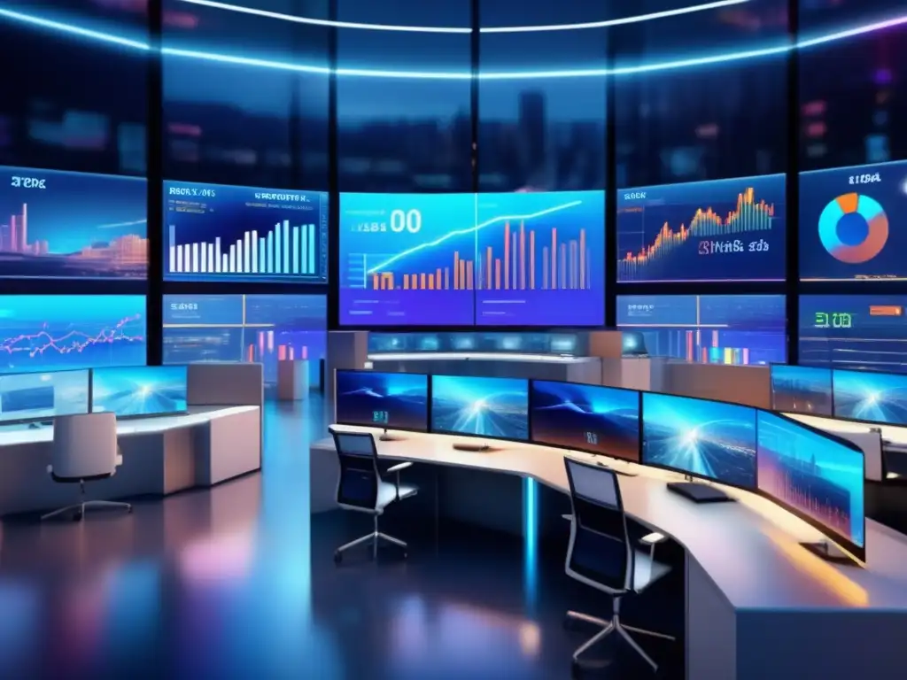 Trading floor futurista con profesionales analizando datos bursátiles Inversiones a corto plazo rentables en moderna sala de trading futurista con profesionales analizando datos y gráficos