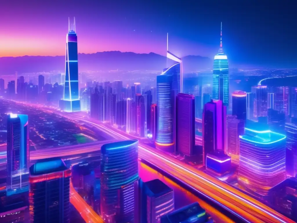 Ciudad nocturna vibrante con rascacielos iluminados Inversiones corto plazo rentables: Ciudad nocturna vibrante, rascacielos relucientes, vehículos veloces y luces neón