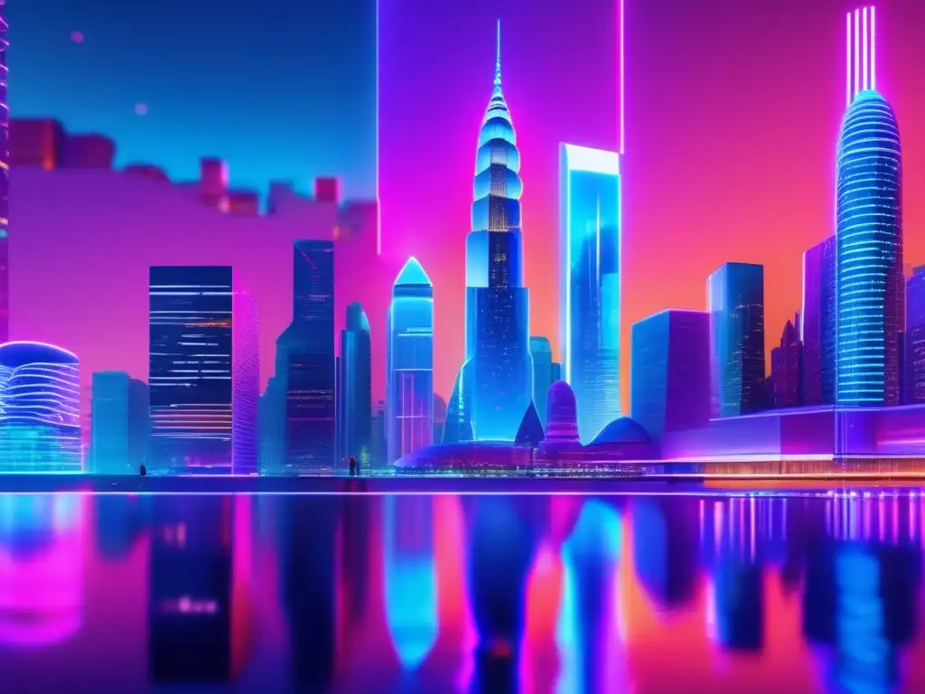 Futurista ciudad con rascacielos y hologramas Inversiones cripto en la red Kusama: Futurista ciudad con rascacielos, luces neón y hologramas