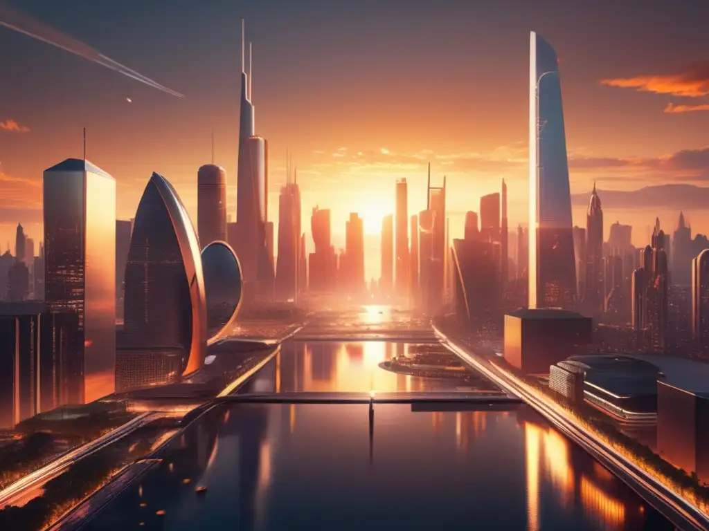 Futuro ciudad cripto Kusama Inversiones cripto en la red Kusama: Futurista ciudad con rascacielos modernos, vehículos voladores y datos de criptomonedas