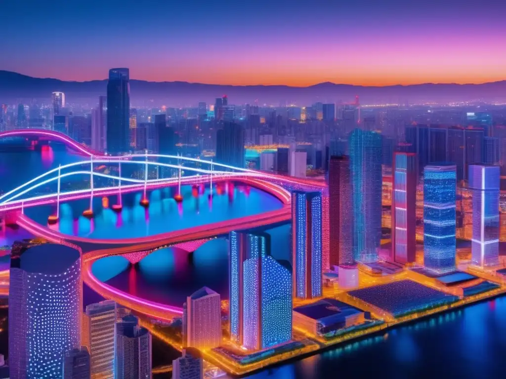 Futuro innovador: Kusama, ciudad conectada Inversiones cripto en la red Kusama: Futurista imagen de la interconexión y la innovación del Kusama network