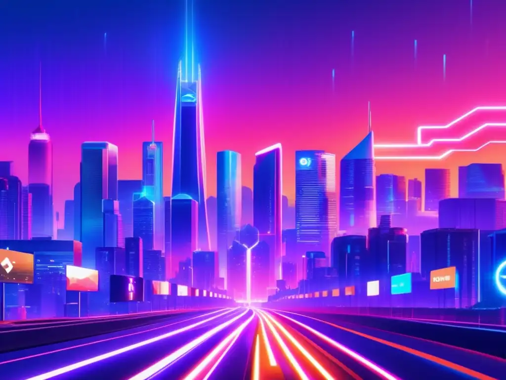 Ciudad futurista con rascacielos y criptomonedas Inversiones criptográficas rentables en una ciudad futurista con rascacielos, coches eléctricos y datos holográficos