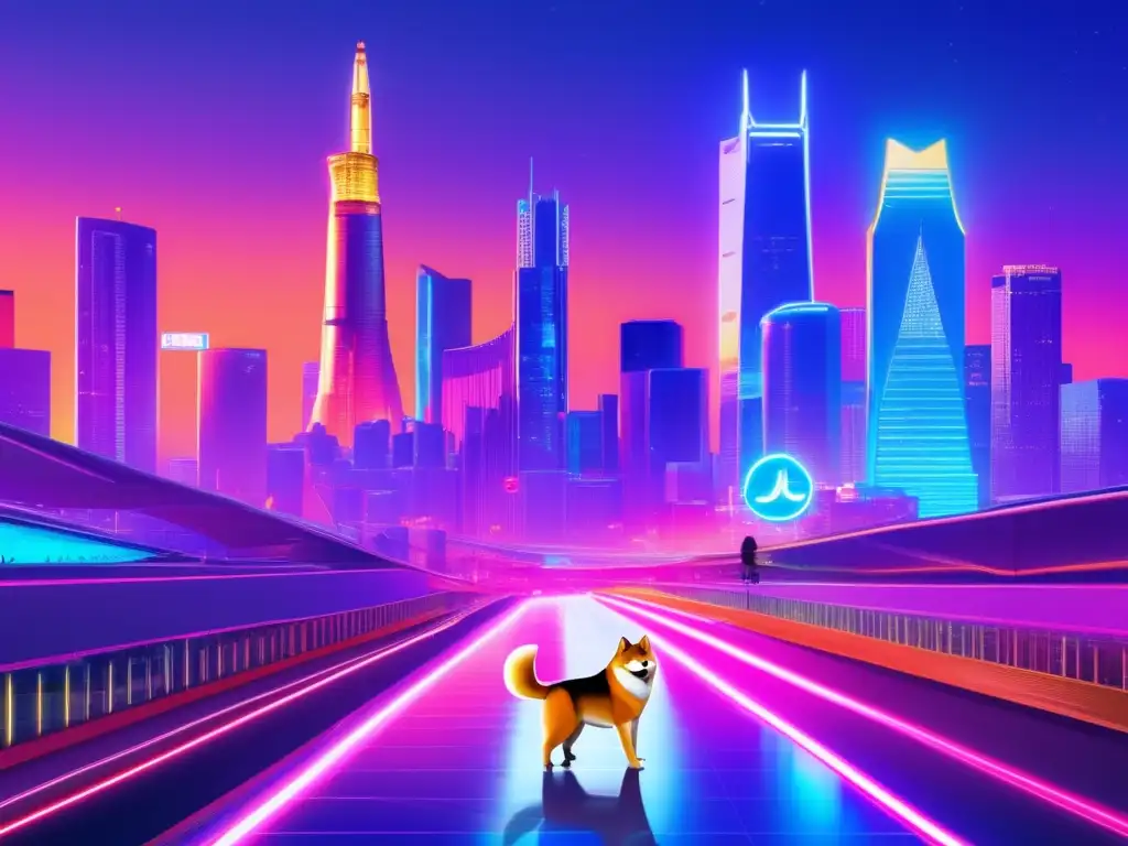 Ciudad futurista con criptomonedas Inversiones criptográficas rentables en una ciudad futurista vibrante, destacando Dogecoin y Shiba Inu