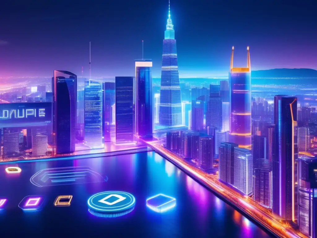 Futurística ciudad nocturna con rascacielos iluminados Inversiones criptomonedas alternativas: ciudad futurista, rascacielos iluminados, pantallas digitales y gráficos financieros