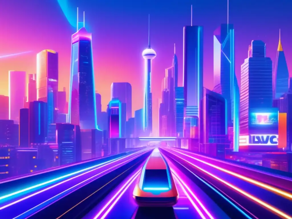 Futurista ciudad con criptomonedas Inversiones en criptomonedas alternativas en una ciudad futurista con rascacielos, monorriel y personas analizando gráficos
