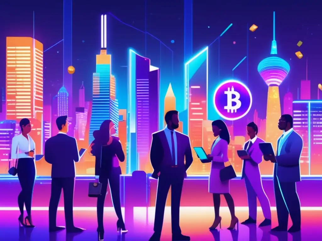Ciudad futurista con rascacielos criptográficos Inversiones en criptomonedas alternativas en una ciudad futurista con rascacielos de símbolos de criptomonedas y profesionales confiados