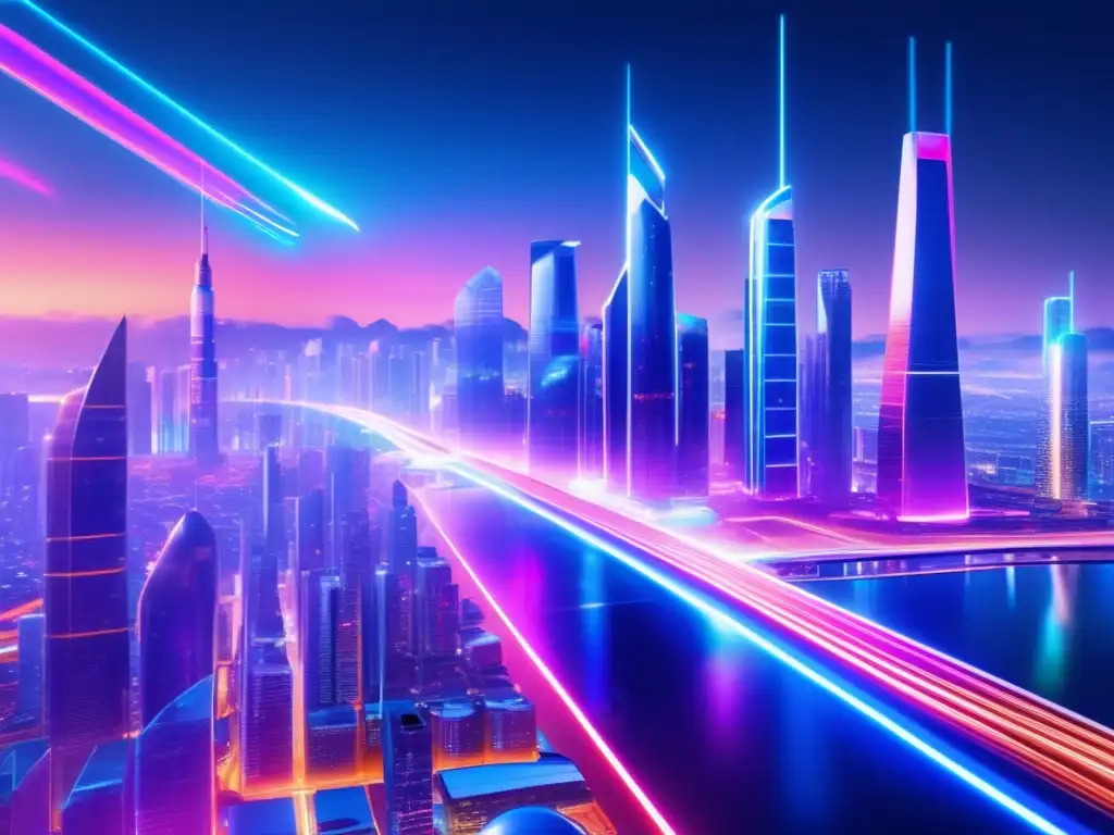 Futurística ciudad con rascacielos de vidrio y acero Inversiones en criptomonedas alternativas: Futurista ciudad con rascacielos de vidrio y acero, luces de neón vibrantes y vehículos voladores