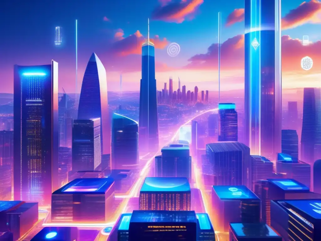 Futuro financiero con criptomonedas Inversiones en criptomonedas alternativas: Futurista ciudad con rascacielos, pantallas digitales y transacciones instantáneas