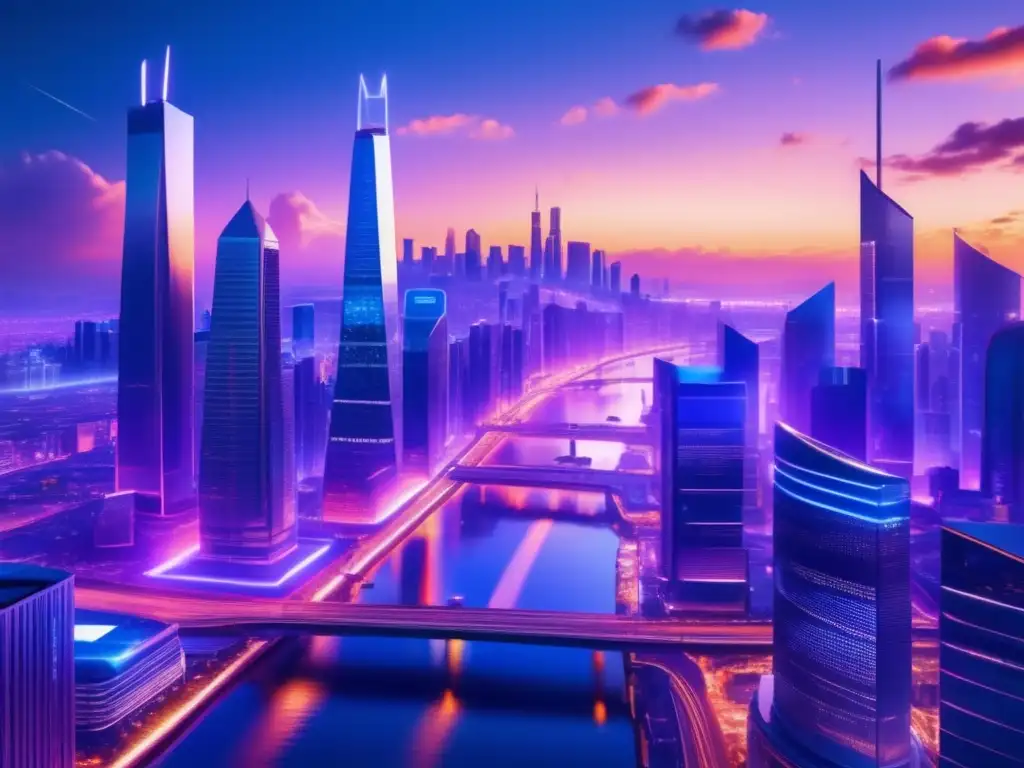 Ciudad futurista con rascacielos de cristal y acero Inversiones en criptomonedas alternativas: Futurista ciudad con rascacielos de vidrio y acero, bañada en una suave luz etérea