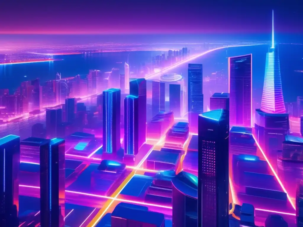 Ciudad futurista con criptomonedas Inversiones en criptomonedas: guía completa, una ciudad futurista con rascacielos iluminados por neones y hologramas de criptomonedas