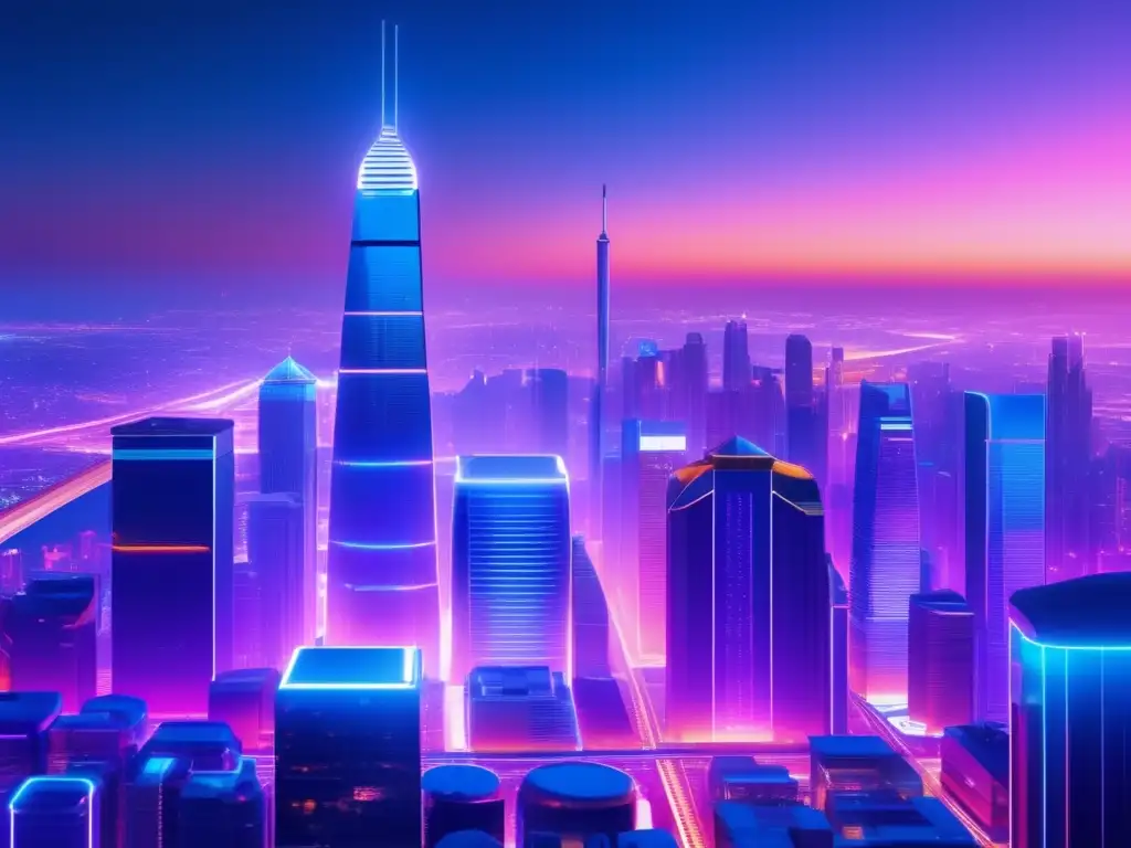 Futurista metrópolis de criptoinversiones Inversiones en criptomonedas: guía completa, ciudad futurista con rascacielos, luces de neón y tecnología avanzada