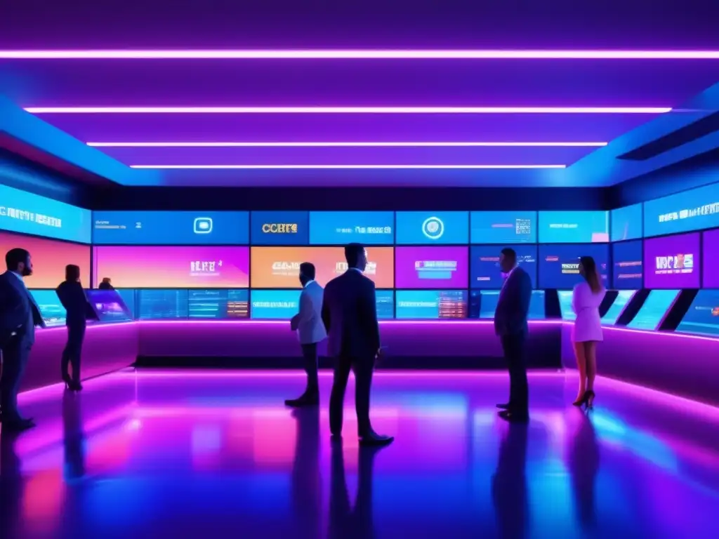 Futuro trading floor con traders de criptomonedas Inversiones en criptomonedas: guía completa - Futuro trading floor con traders enfocados en pantallas holográficas y vistas nocturnas de la ciudad