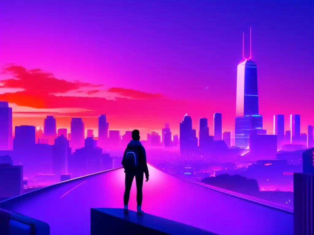 Ciudad futurista al atardecer con persona mirando criptomonedas Inversiones en criptomonedas: guía completa - Imagen de una ciudad futurista al atardecer, con edificios modernos y un cielo vibrante