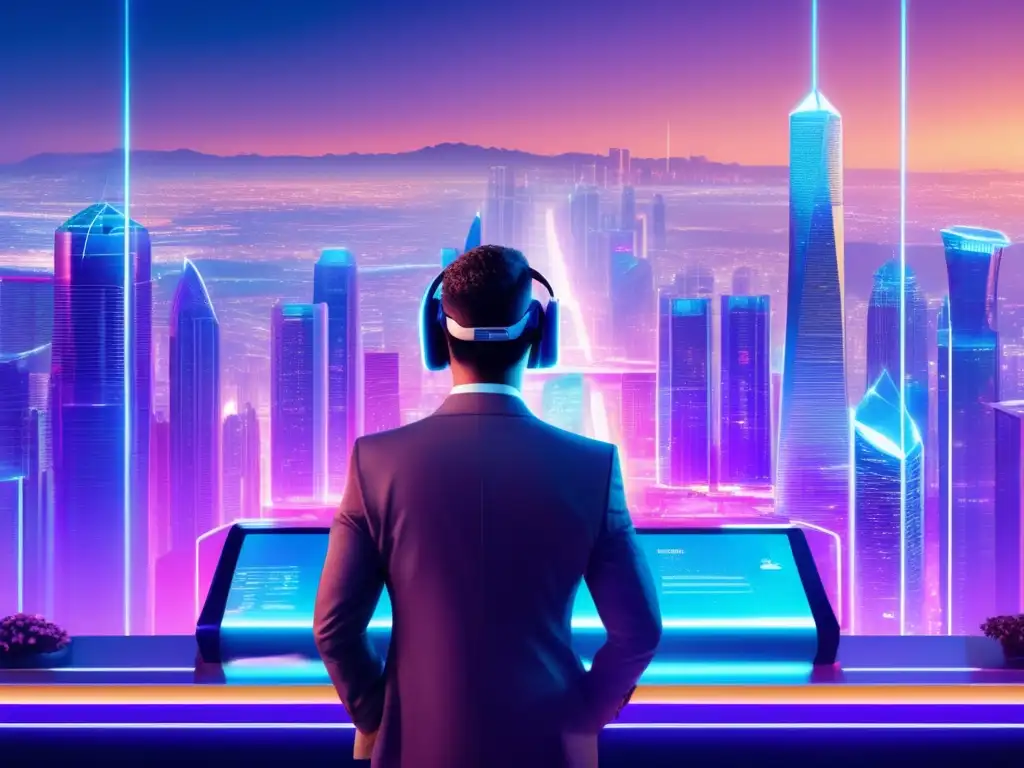 Ciudad futurista con rascacielos transparentes y criptomonedas Inversiones criptomonedas a largo plazo en una ciudad futurista con rascacielos transparentes, tecnología AR y vehículos voladores