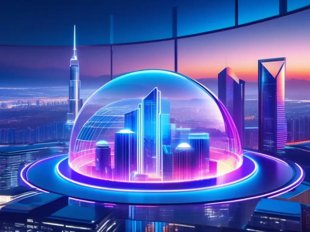 Futura ciudad con rascacielos de vidrio y acero Inversiones en criptomonedas y pensiones en una ciudad futurista con rascacielos de vidrio y acero, iluminados con luces de neón