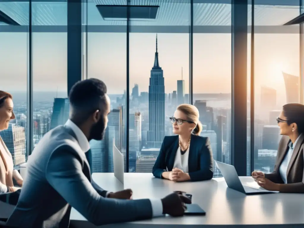 Profesionales discutiendo inversiones Inversiones en criptomonedas y pensiones: profesionales discuten en oficina moderna con vista panorámica de la ciudad