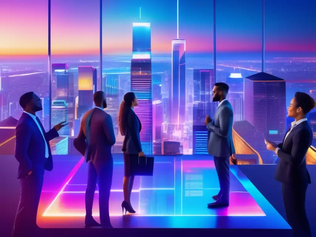 Ciudad futurista con profesionales y gráficos holográficos Inversiones en ecommerce retail: ciudad futurista con profesionales discutiendo y proyecciones holográficas