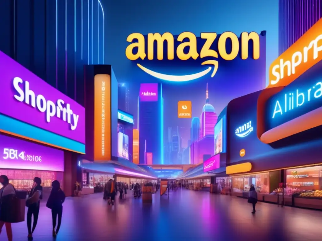 Ecommerce giants shaping retail Inversiones en ecommerce retail: imagen impactante de tiendas futuristas de Amazon, Alibaba y Shopify, representando sus fortalezas y productos