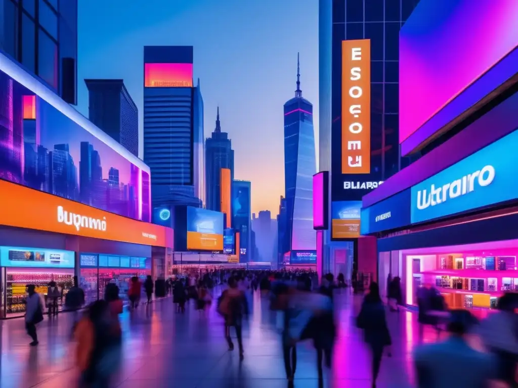 Ciudad nocturna con rascacielos y tecnología Inversiones en ecommerce retail: ciudad con rascacielos iluminados, tienda de tecnología y señalización digital, compras en línea