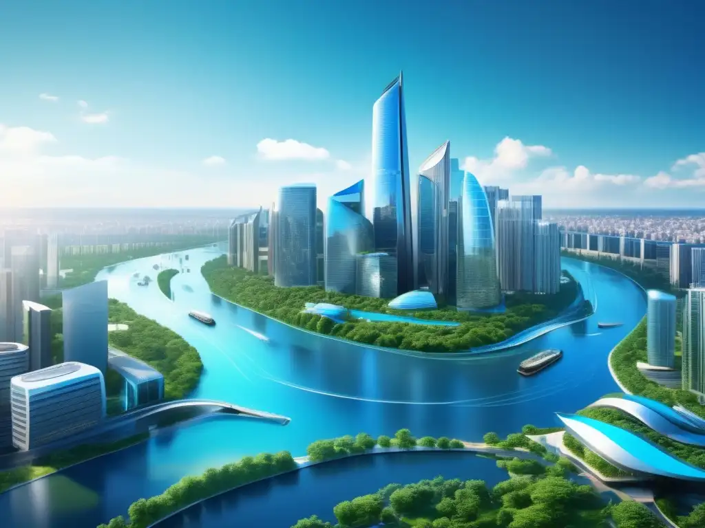 Ciudad moderna con río azul y edificios futuristas Inversiones en economía del agua en una ciudad moderna con río azul y edificios futuristas