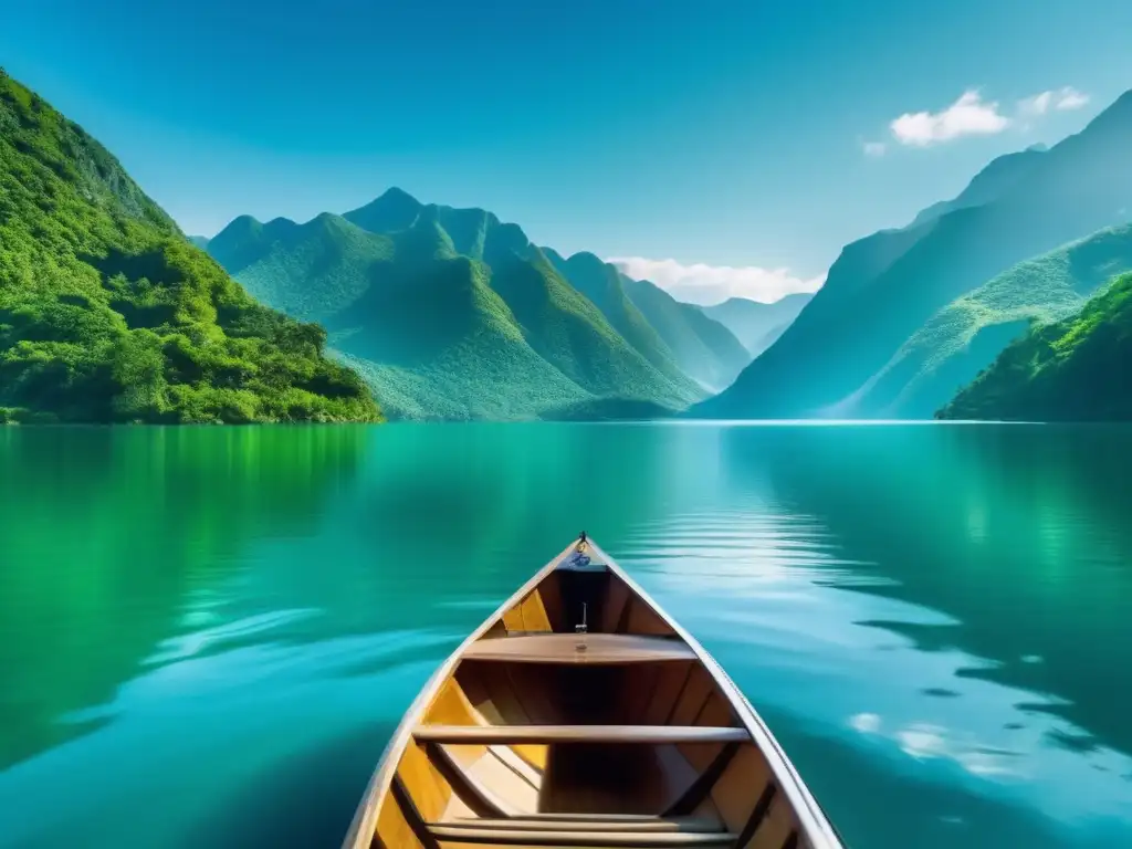 Sereno lago rodeado de montañas Inversiones en economía del agua: imagen 8k de un sereno lago rodeado de montañas verdes, reflejando el cielo azul y una embarcación, transmitiendo armonía entre humanos y naturaleza