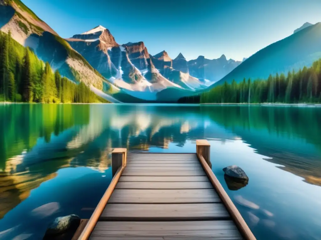 Lago de montaña rodeado de bosques verdes y picos nevados Inversiones en economía del agua: Lago de montaña con bosques verdes y agua cristalina reflejando picos nevados y una pequeña plataforma de madera